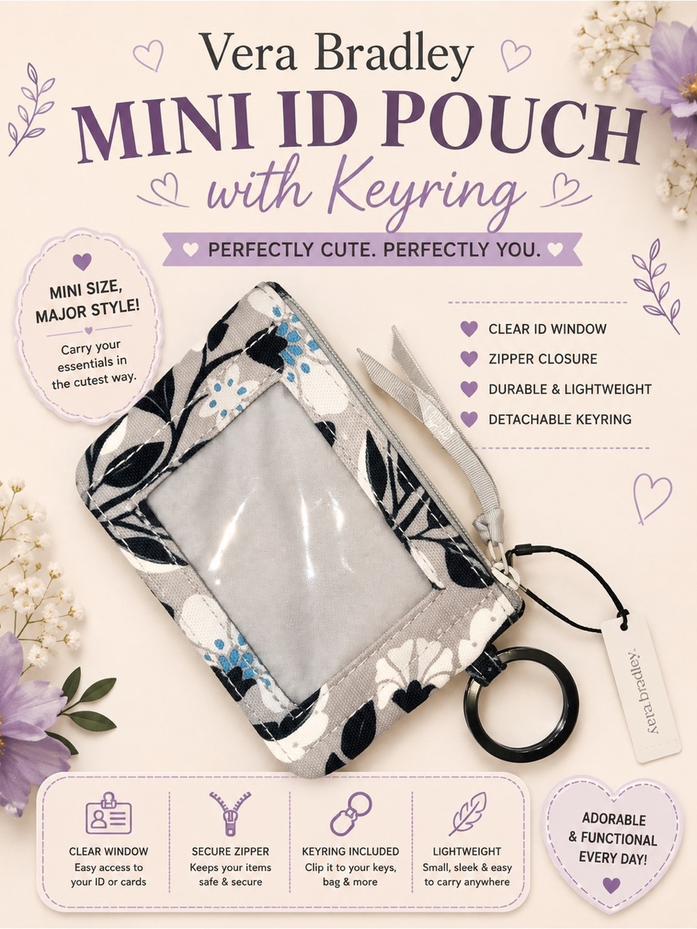 Vera Bradley Gray Floral Mini ID Pouch